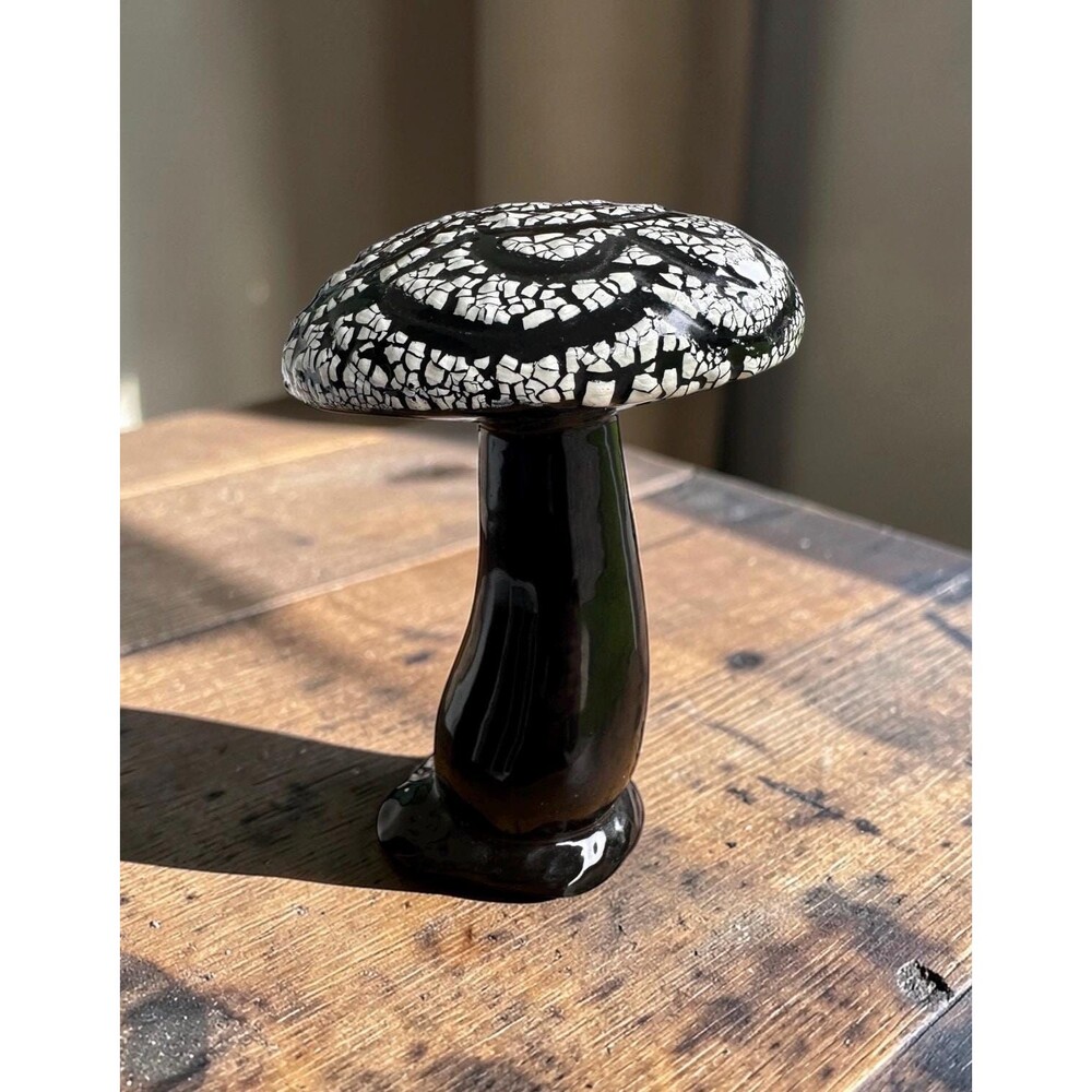 Vintage Signed Ceramic Mushroom Black White Mid-Century Modern Psych Pop Art